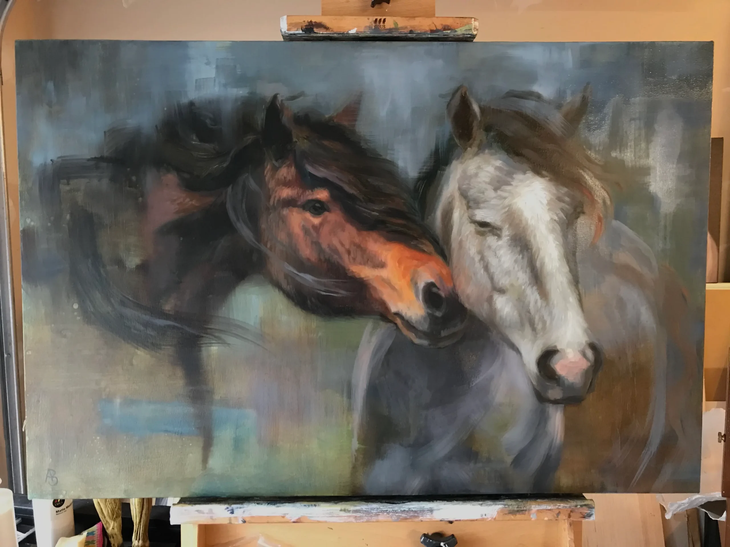 Painting of a brown and a white horse
